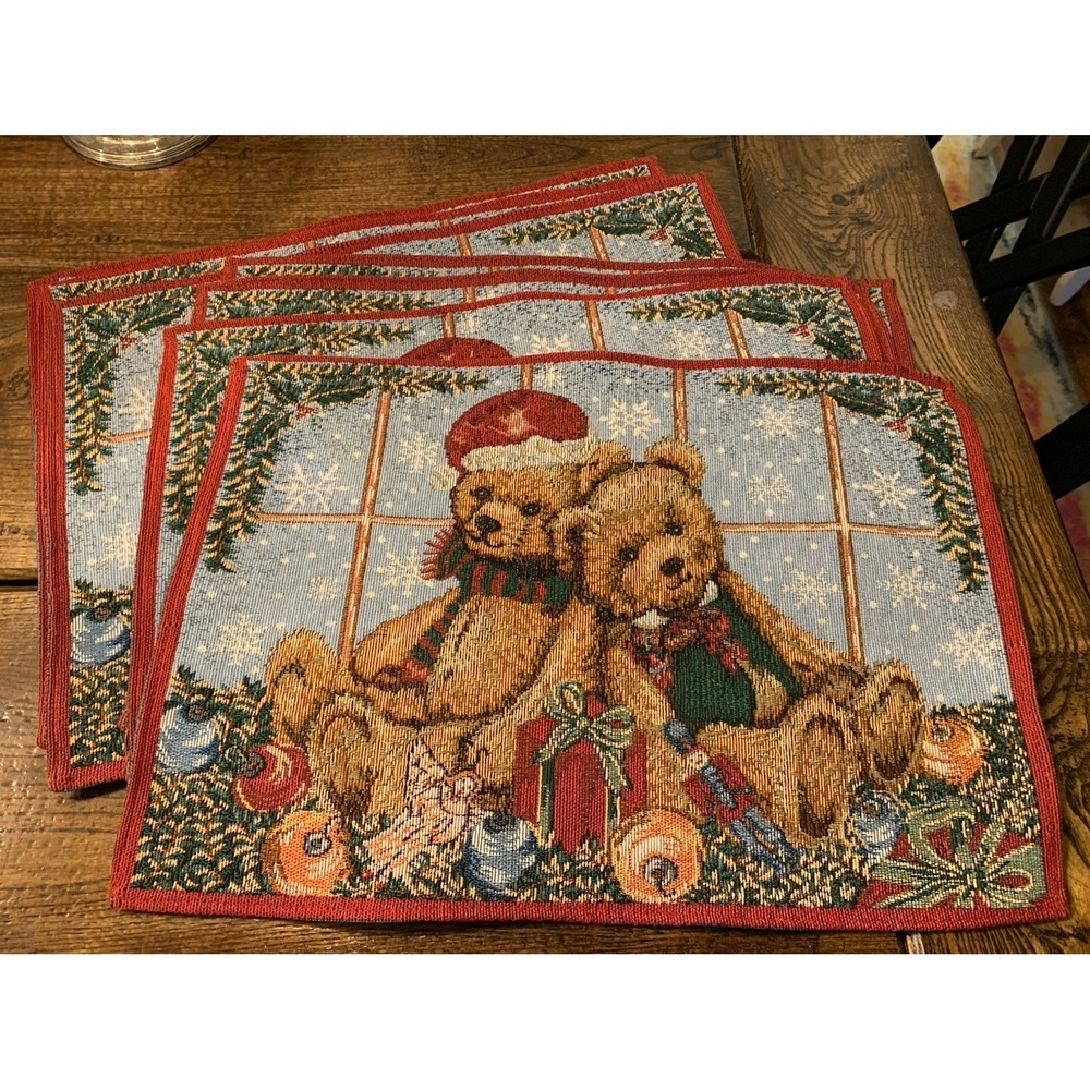 Vintage Teddy Bear Placemats 18x12 In Tapestry Set of 8 Christmas Kitchen Decor